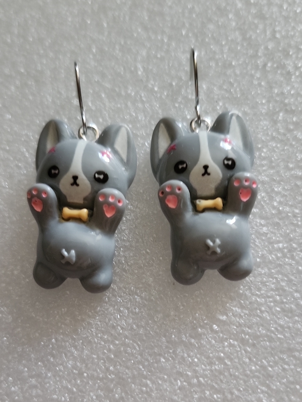 Hand Crafted Gray and Pink Kawaii Puppy Dangle Earrings
